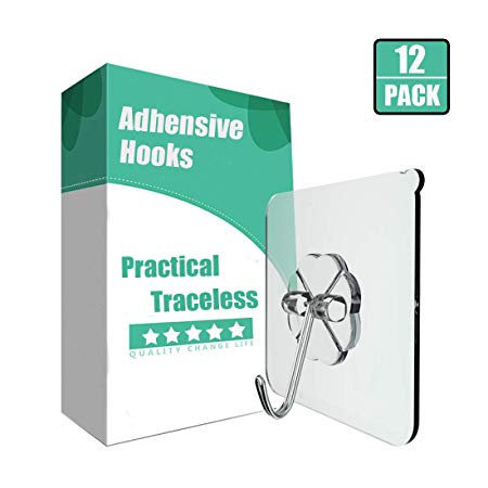 Bprow 12 Packs Adhesive Hooks, Heavy Duty Reusable Wall Hanger Without Nail