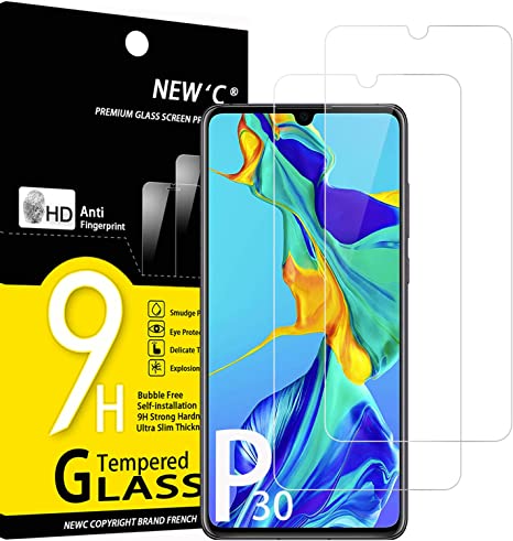 NEW'C 2 Piezas, Protector Pantalla para Huawei P30, Cristal templado Antiarañazos, Antihuellas, Sin Burbujas, Dureza 9H, 0.33 mm Ultra Transparente, Ultra Resistente