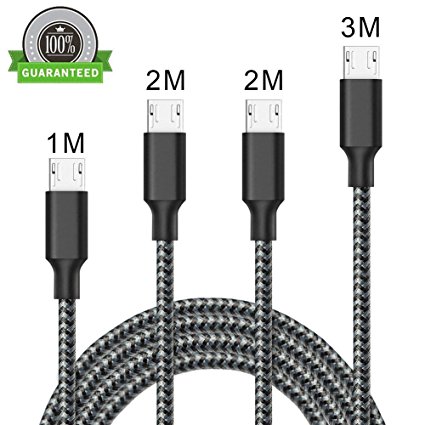 ONSON® Micro USB Cable, 4Pack 1M 2M 2M 3M Long Premium Nylon Braided Android Charger USB to Micro USB Charging Cable Samsung Charger Cord for Samsung Galaxy S7 / S7 Edge / S6 / S5 / S4 / S3, Note 5 / 4 / 3,HTC,LG,Sony, Nexus, Blackberry, Nokia, Motorola, Huawei, Kindle,Android Smartphone (Black)