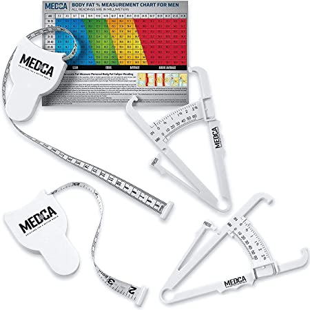 Body Tape Measure and Skinfold Caliper Body Fat Monitor Set - (Pack of 2) - Double Sided Body Tape Measures (150 cm /60 inches) - Skin Fold Body Fat Analyzer and BMI Measurement Tool, White by MEDca