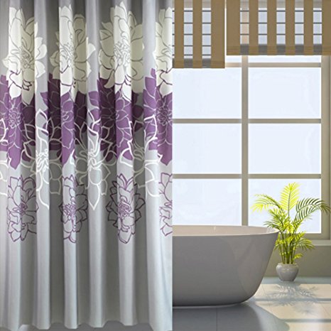 Gray Background and Flowers Pattern ,Mildew Proof and Waterproof Washable Printed Polyester Fabric Shower Curtain for Bathroom (72inch72inch, Purple)