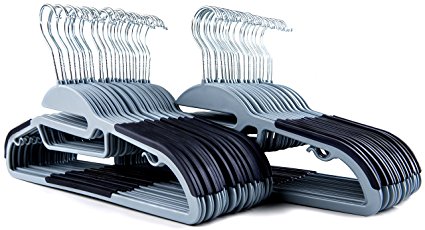 50 pc Premium Quality Easy-On Clothes Hangers - Grey with Dark Blue Non-Slip Pads - Space Saving Thin Profile - For Shirts, Pants, Blouses, Scarves – Strong Enough for Coats
