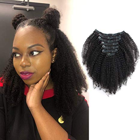 Sassina Real Thick Virgin Brazilian Afro Curly Clip In Hair Extensions 4C 4A Style Natural Black Color For Black Women 120 Grams 7 Pieces Double Wefts With 17 Clips AC 14 Inch
