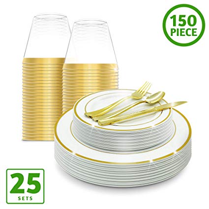 EcoEarth Gold Plastic Plates with Silverware & Disposable Cups Set (150 Piece Set), Plastic Dinnerware Set Includes 25 Dinner Plates, 25 Salad Plates, 25 Forks, 25 Knives, 25 Spoons, 25 Plastic Cups
