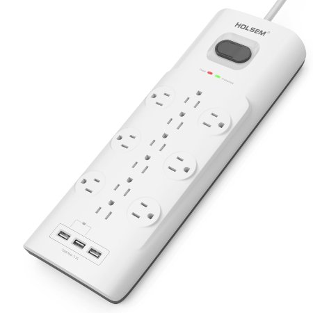 HOLSEM Power Strip Surge Protector 12 Outlets & 3 Smart USB Charging Ports (5V/3.1A), 6' Heavy Duty Extension Cord, USB Outlet for Home & Office Charging Station, 4 Bonus AA Batteries, White
