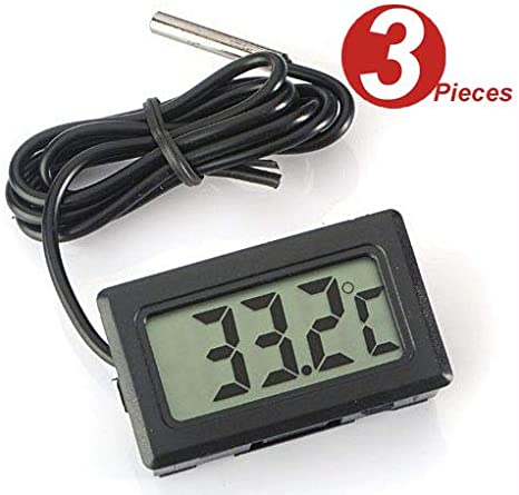 WINGONEER 3Pcs Digital LCD Thermometer Temperature Monitor with External Probe For Fridge Freezer Refrigerator Aquarium -Black
