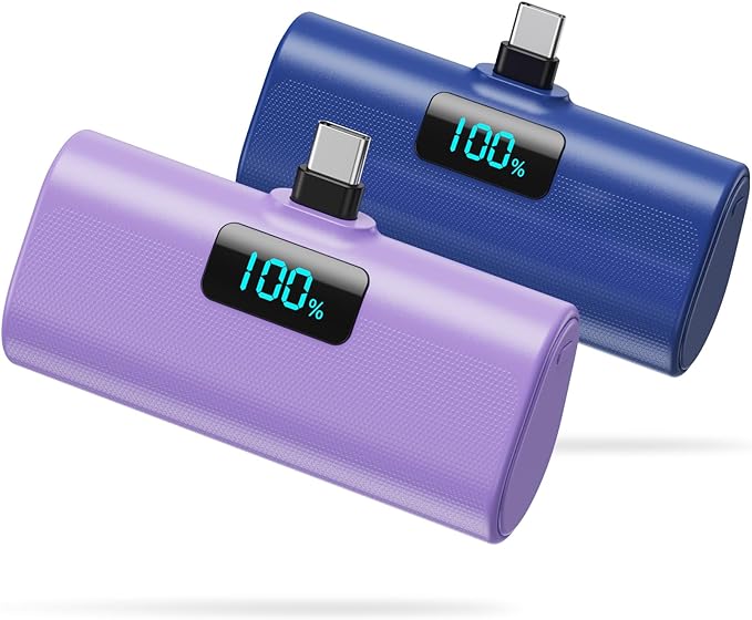 [2-Pack]Small Portable Charger 5200mAh, Upgraded PD USB C Power Bank Built-in USB-C Connector,LCD Display Battery Pack Compatible with iPhone 15/15 Plus/15 Pro/15 Pro Max/Samsung Android(Blue Purple)