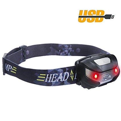 QPAU SUPERBRIGHT LED Headlight with USB Rechargeable Red Lights Adjustable Strip Perfect for Cycling, Running, Walking, Camping, Fishing, Hiking, Hunting and More Activity