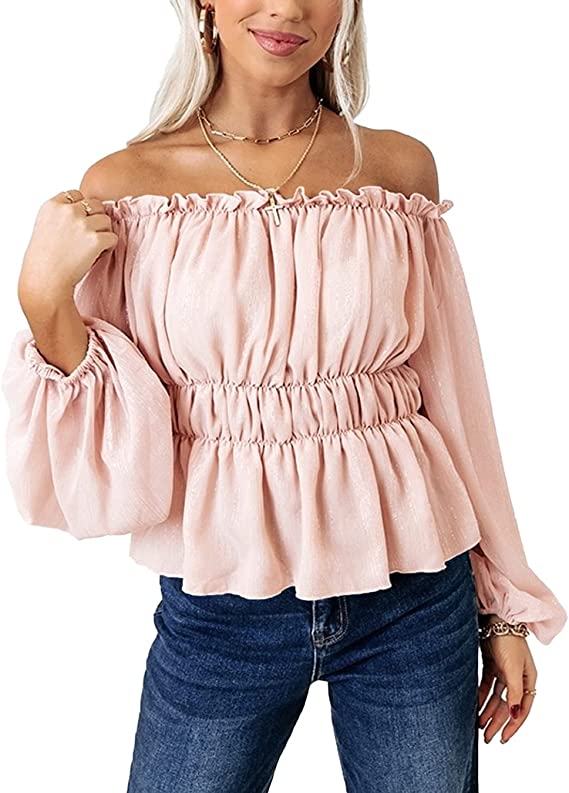 MASCOMODA Women's Off The Shoulder Tops Lantern Long Sleeve Solid Color Chiffon Smocked Ruffle Blouse Shirts Peplum Tops