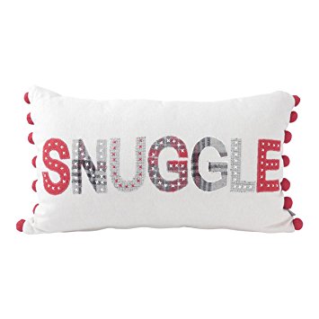 Hallmark Home Decorative Throw Pillow with Insert (20x12 inch), Ivory with Plaid "Snuggle" Applique and Red Pom Poms