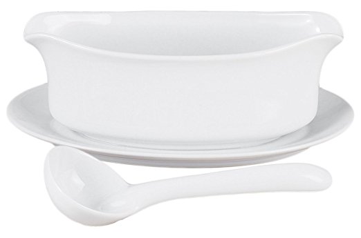 HIC Gravy Sauce Boat with Attached Saucer and 1-Ounce Serving Ladle, Fine Porcelain, White, 18-Ounce Capacity