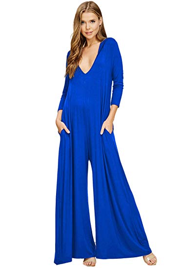 Annabelle Women's Comfy 3/4 Sleeve V-Neck Wide Legs Palazzo Pants Romper Hoodie Jumpsuits