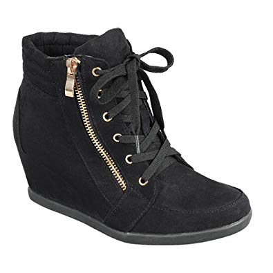 SNJ Women High Top Wedge Heel Sneakers Platform Lace Up Shoes Ankle Bootie Trends