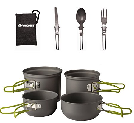 Wealers Cookware 7 Pieces Kit Cookset Backpacking Gear & Hiking Outdoors Cooking Equipment - Lightweight, Compact, & Durable Pot Pan Bowls - Free Folding Cutlery Set