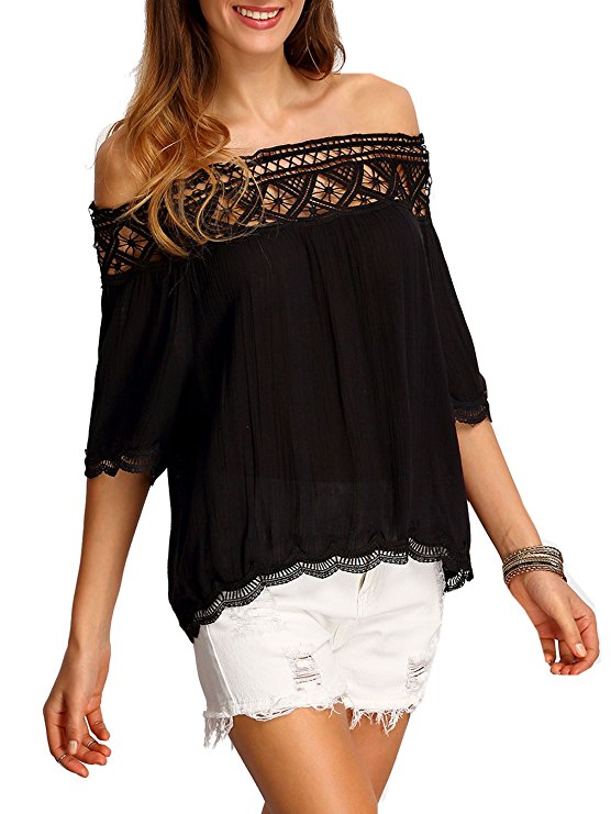 ROMWE Women's Off Shoulder Boat Neck Blouse Half Sleeve Lace T-Shirt