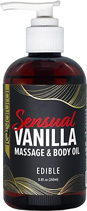IQ NATURAL Edible Sensual Massage Oil Infused with Real Vanilla flavor, Relaxing Blend of Coconut & Sunflower Oils For Massage - For Massage Therapy & Couples Massage - 8.8 fl oz