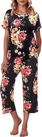 Ekouaer Women's Capri Pajama Sets Floral Print Short Sleeve Sleepwear Top and Capri Pants 2 Piece Loungewear with Pockets