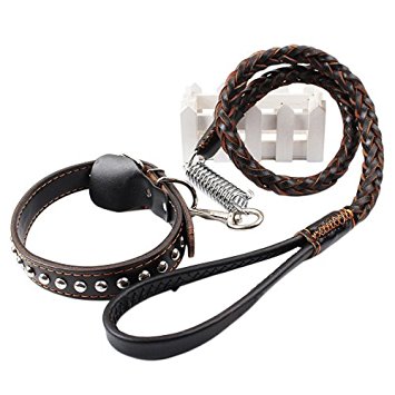 QUMY Heavy Duty Braided Leather Dog Leash and Collar Sturdy Clasp and Strong Rivets Dark Brown Classic Training leash for Medium and Large Breeds 4.3ft Long 0.8 Inch Wide