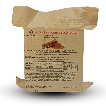 S.O.S. Rations Emergency 3600 Calorie Cinnamon Flavor Food Bar - 3 Day / 72 Hour Package with 5 Year Shelf Life- 1 Pack
