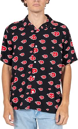 Naruto Shippuden Akatsuki Cloud Pattern Short Sleeve Button Down Men's Black Woven Top