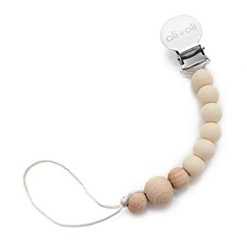 Modern Pacifier Clip for Baby - 100% BPA Free Silicone Beads (Soft Natural Wood) Binky Holder for Newborn - Infant Baby Shower Gift - Universal fit MAM - Philips Avent