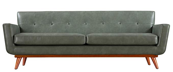 Tov Furniture The Lyon Collection Mid-Century Modern Leather Upholstered Wood Living Room Sofa Couch, Gray
