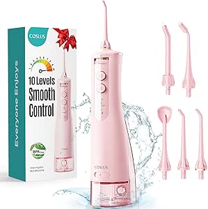 COSLUS Water Dental Flosser Teeth Pick : Portable Cordless Waterproof Rechargeable Oral Irrigator, 10 Settings, 300oz Large Reservoir, Electric Flossing Cleaner Deep Cleaning Tooth for Travel Home