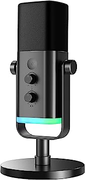 FIFINE XLR/USB Gaming Microphone, Studio Dynamic Streaming Mic, Computer Desktop Stand Microphone for Podcast, VoiceOver, Recording, with RGB, Mute, Monitoring Headphone Jack, Gain Knob, Black-AM8