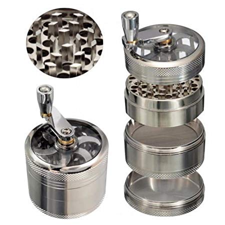 Skyndi Zinc Alloy Large 4 Piece 3 Chamber 2 inch / 53 mm Herb, Spice Grinder with Handle - Silver