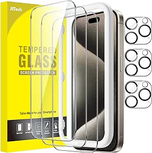 JETech Verre Trempé pour iPhone 15 Pro Max 6,7 Pouces avec Caméra Protecteur, Sans Bulle, Kit Outil d'Installation Facile, Film Protection Écran, HD Transparent, 3 Pièces Chacun