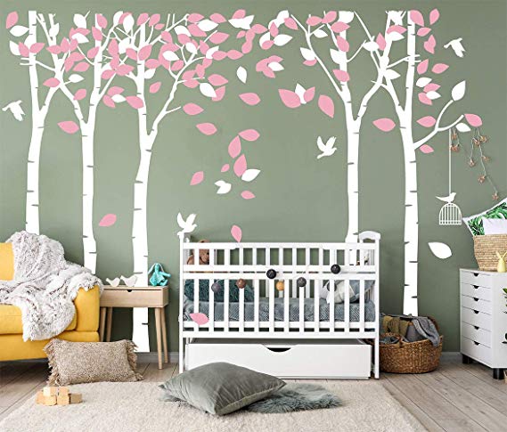 LUCKKYY Large Five Family Trees Wall Decals with Birds and Birdcage Wall Sticks Family Room Art Decoration (Whtie Pink)