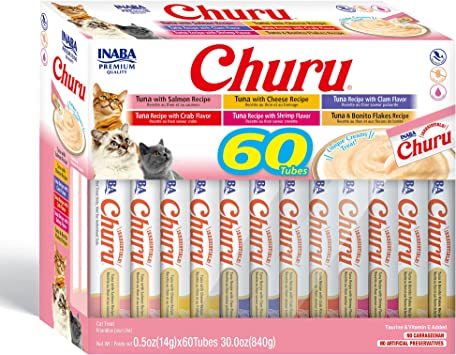 INABA Churu Cat Treats, Grain-Free, Lickable, Squeezable Creamy Purée Cat Treat/Topper with Vitamin E & Taurine, 0.5 Ounces Each Tube, 60 Tubes, Tuna Variety Box