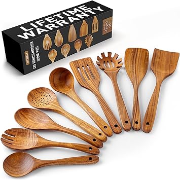 Zulay Kitchen 9-Piece Teak Wooden Utensils for Cooking - Smooth Finish Natural Teak Utensil Set - Non-Stick Wooden Spoons for Cooking - Kitchen Gift Set - Comfortable Grip Wooden Utensil Set