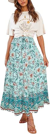 MEROKEETY Women's Boho Floral Print Elastic High Waist Pleated A Line Maxi Skirt