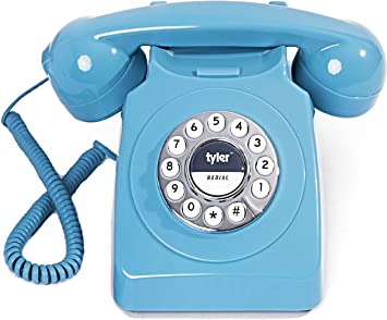Tyler Retro Style Landline Phone, Push Button Rotary Look, Large Button Vintage Corded Phone, Power Outage Safe, Redial Button, Old Classic Retro Phone (Retro Blue)