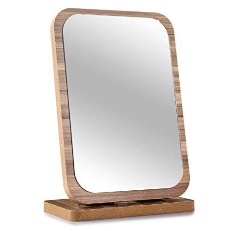 Tinland Makeup Mirror Wood Frame Rustic Finish for Vanity Set Dresser Bedroom Bathroom Decorative Countertop Stand Mirror Adjustable Angle(Brown)