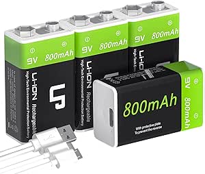 LP 9V USB Rechargeable Batteries, 4 Pack 800mAh High Capacity 9 Volt Battery with Micro Charging Cable, 9V Li-ion Battery for Alarms, Wireless Microphones, Smoke Detectors, Flashlights, Guitar & More