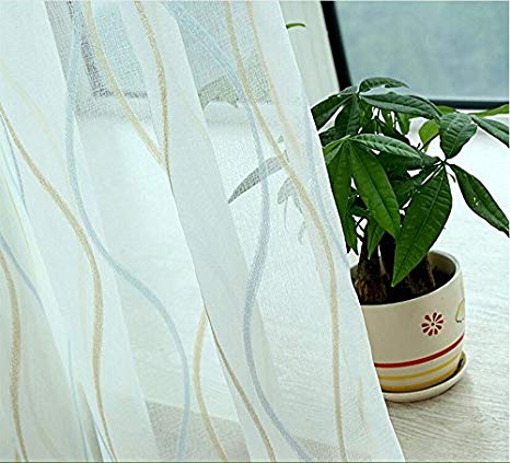 Pureaqu Linen Stripe Sheer Voile Window Curtain W52xH84 Geometry Sheer Curtain Rod Pocket Process for Door Home Decoration 1Panel