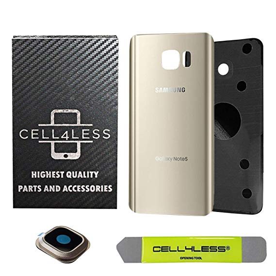 CELL4LESS Compatible with Galaxy Note 5 Replacement Rear Back Glass Back Cover w/Camera Lens, Custom Removal Tool & Pre-Installed Adhesive - Fits N920 Models - 2 Logo (Gold)