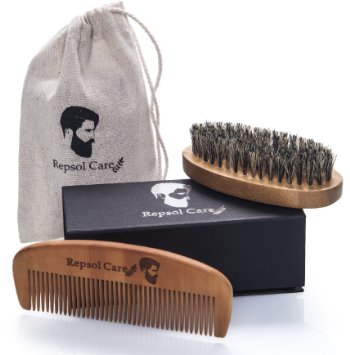 Beard Brush & beard Comb Kit - Handmade Organic Solid Wood, No Snag & Anti Static, 100% Natural Boar Bristle Soft Pocket hair Brush and Comb - for Head Hair, Men Beard & Mustache by Repsol Care