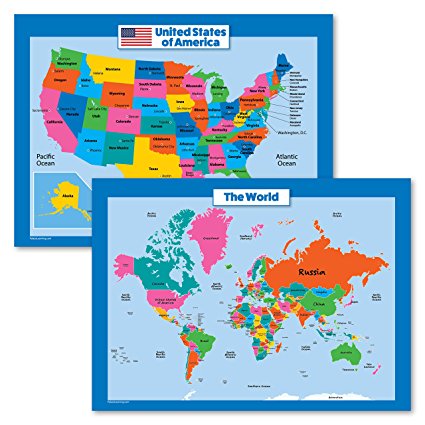 World Map and USA Map for Kids - 2 Poster Set - LAMINATED - Wall Chart Poster of the United States and the World (18 x 24)