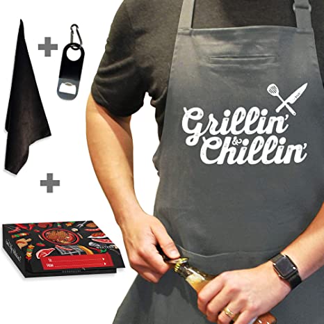 Chef Apron for Men, Cooking Apron, Funny Apron, BBQ Apron, 3 Pockets, Bottle Opener, Towel and Gift Box Included, Gray 100% Cotton Durable Professional Quality