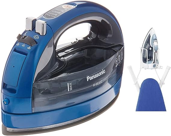 Panasonic Cordless 360-Degree Freestyle Steam/Dry Iron with Curved Ceramic Soleplate (Blue) Bundle with Over the Door Ironing Caddy and Storage Organizer (2 Items)