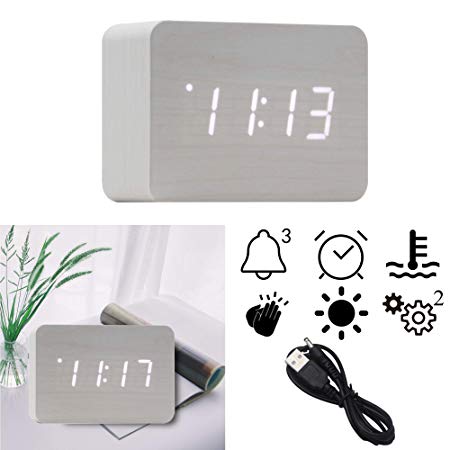 OFLILAK Wooden Digital Alarm Clock, 4 Level Adjustable Brightness and Voice Control, Display Time Temperature Date for Bedroom Office Home(White)