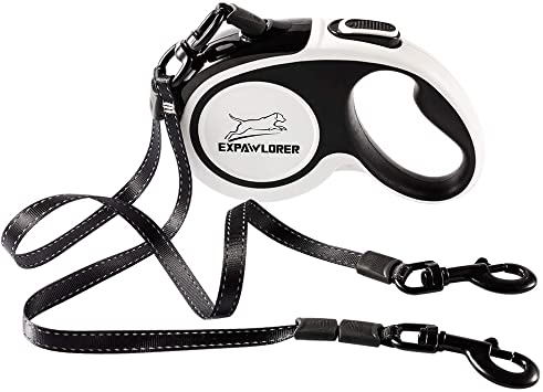 EXPAWLORER Dual Retractable Dog Leash - Double-Head Lockable Extendable Pet Leash - 16ft Reflective Nylon Ribbon - 360° Tangle-Free for Two Dogs Walking Training, Up to 160 lbs Total, 80 lbs Each