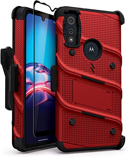 ZIZO Bolt Series for Moto E (2020) Case with Screen Protector Kickstand Holster Lanyard - Red & Black