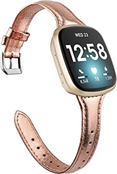 Moolia Compatible with Fitbit Versa 3/Sense Band for Women Slim Strap, Top Grain Genuine Thin Leather Replacement Wristband for Women for Versa 3 Smart Watch Band, Rose Gold