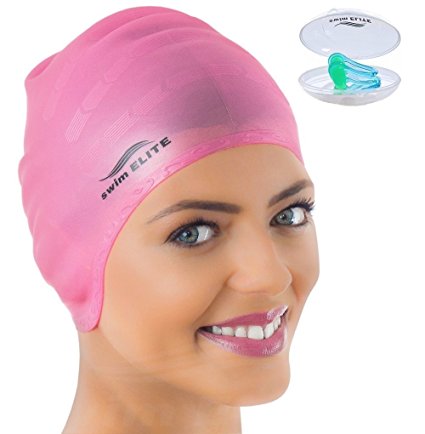 Silicone Swimming Cap for Long Hair   Nose Clip - Swim Cap for Women, Men and Dreadlocks by Swim Elite