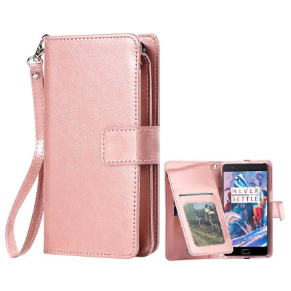 OnePlus 3 Case, BENTOBEN Wallet Case Secure Up and Down Flip Design Credit Card Slots Cash Holder Nickel Plated Press Stud Wrist Strap Magnetic Snap Closure for OnePlus three, Rose Gold