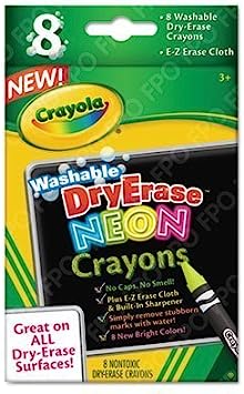 Washable Dry Erase Crayons w/E-Z Erase Cloth, Assorted Neon Colors, 8/Pack, Sold as 1 Set